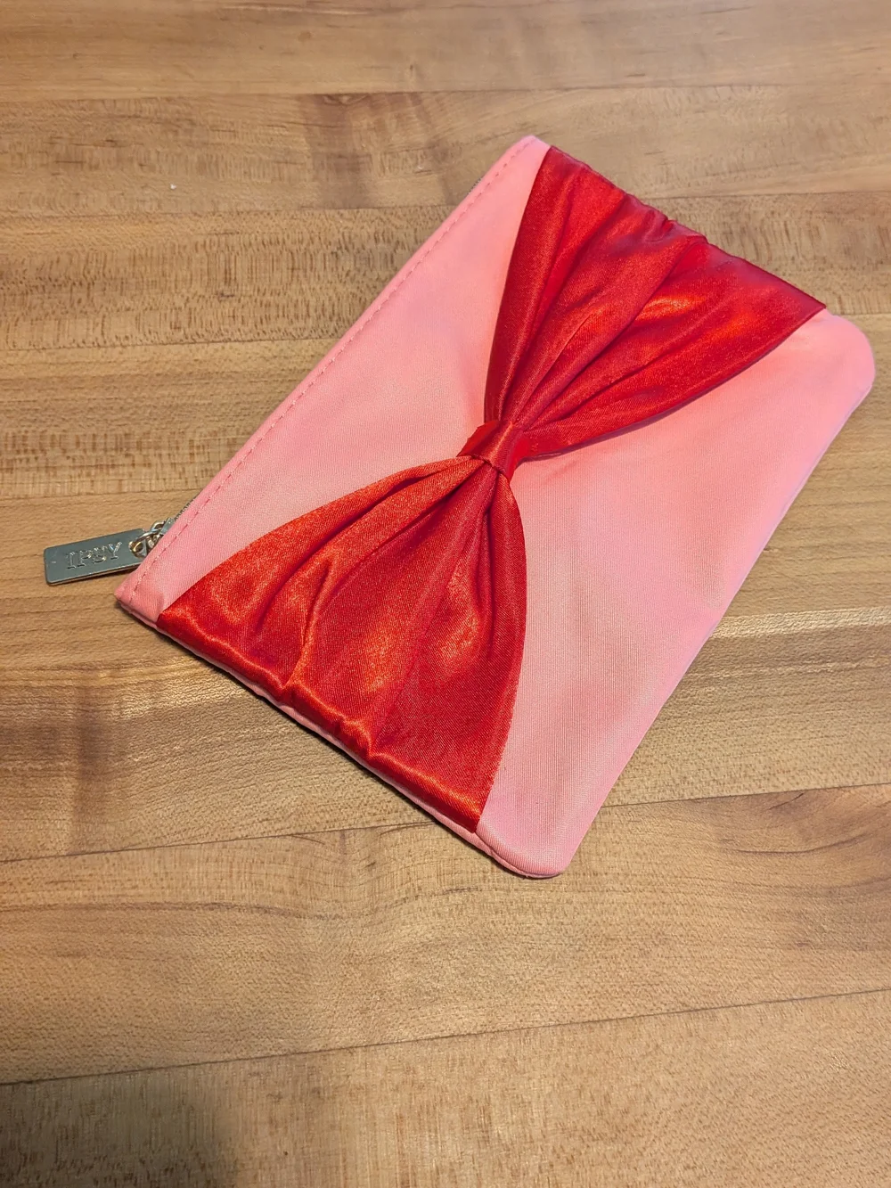Ipsy Pink and Red Bow Satin Clutch Pouch -